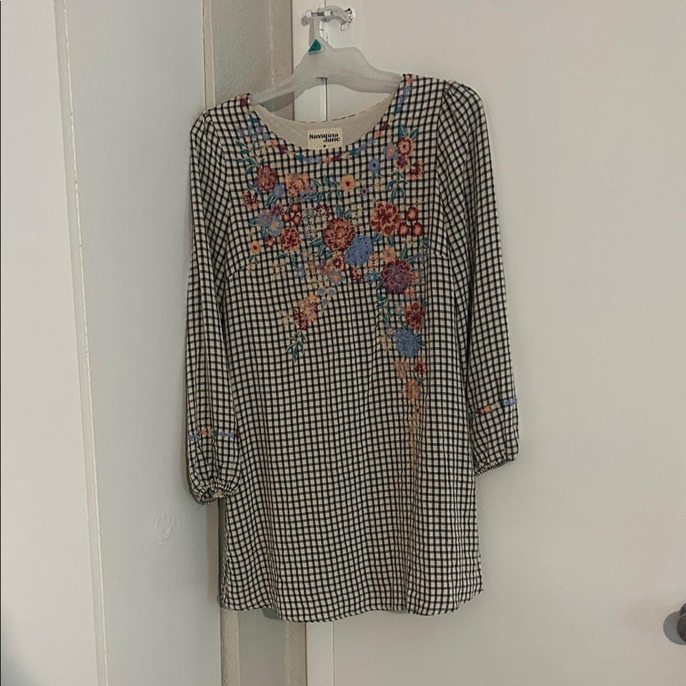 Savanna Jane Black and White Checkered Top with Floral Embroidery